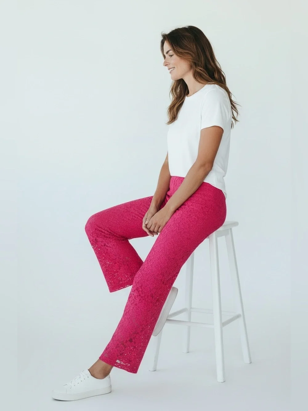 Free People All Day Lace Women’s Fuchsia Sheer Flare Coquette Pants Sz L NEW